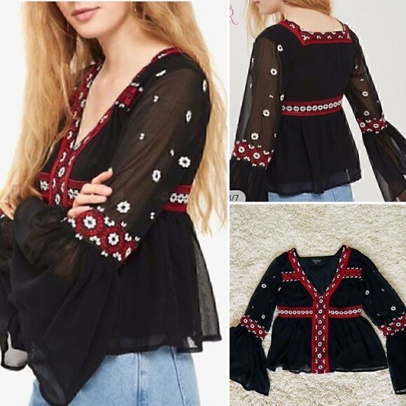 Topshop Tops - Topshop black embroidered style boho long sleeve top size US 2